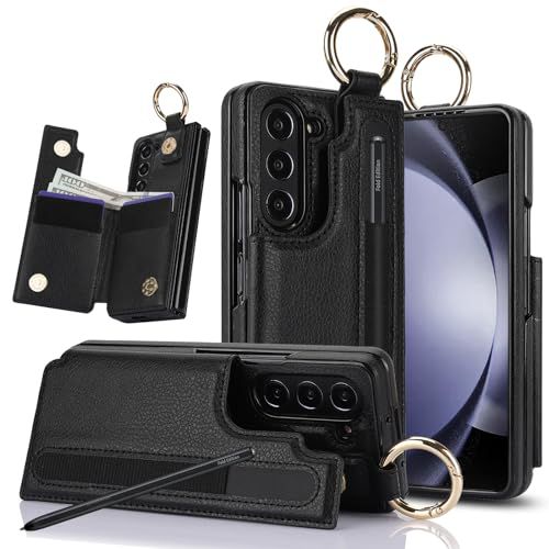 for Samsung Galaxy Z Fold 5 Wallet Case with S-Pen Holder and Credit Card Holder, Cash Slot, Premium Leather Magnetic Clasp Kickstand Heavy Duty Ring Protective Cover.(Black)