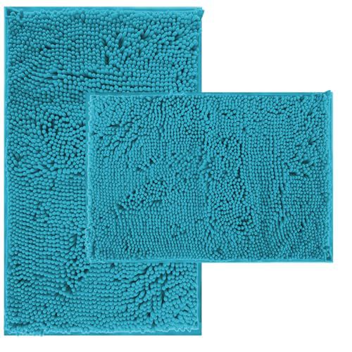 Chenillen Bath Rug Set 2 Piece Non-Slip Bath Mats, Teal Blue Absorbent Shaggy Rugs, Machine Wash, Perfect Plush 32"L x 20"W + 24"L x 16"W Teal Blue
