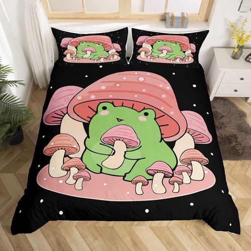 Feelyou Cartoon Mushroom Frog Bedding Set Cute Frog Duvet Cover for Kids Boys Girls Natural Wild Fungus Comforter Cover Pink Mushroom Quilt Cover 1 Duvet Cover with 2 Pillowcases Full Size M