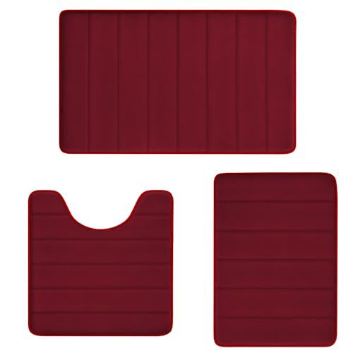 RUN HELIX Burgundy Bathroom Rugs Sets 3 Piece Memory Foam Non Slip Bath Mats for Bathroom Floor and U-Shaped Contour Toilet Rug, Soft Washable Bathroom Mats and Rugs Sets for Toilet Shower S