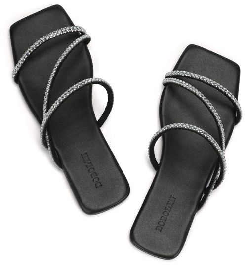 Women's Wide Width Strappy Flat Sandals Dressy Squared Open Toe Slide Sandals Comfortable Trendy Summer Sandals 2024 8.5 Wide Rhinestone Black