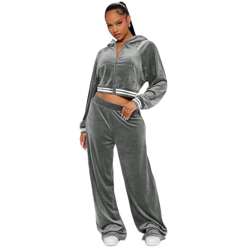 yidengymx Womens 2 Piece Velour Tracksuit Two Piece Soft Velvet Hooded Outfits for Women X-Small Hoodie/Wide Leg Pants-grey