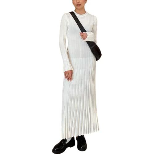 RanRui Womens Winter Fall Pleated Knitted Fit and Flare Long Sleeve Sweater Dress 6-8 D-white