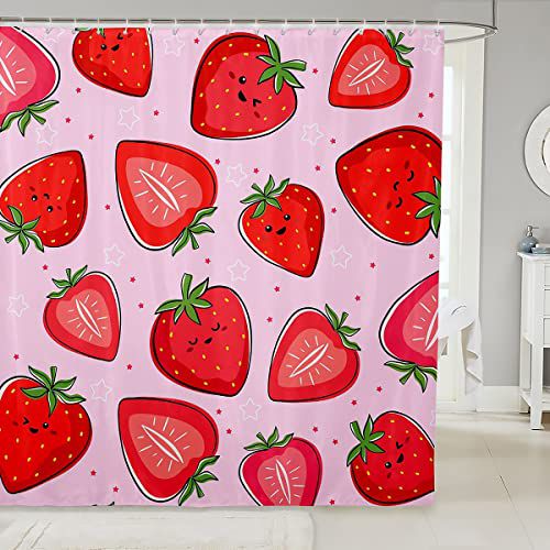 Girls Strawberry Bath Curtain Cute Cartoon Strawberry Kids Shower Curtain Kawaii Fruit Pattern Anime Decor Bathroom Shower Curtain Set Waterproof Nature Theme Kids Bathroom Accessories 72"x8