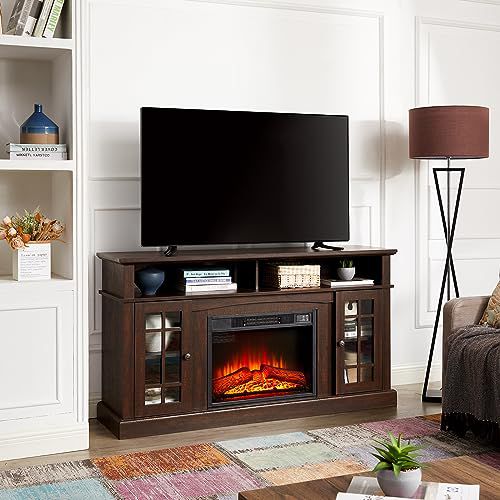 TV Cabinet with Electric Fireplaces: Rustic TV Stand for 60 Inch TV | Tall Wood Entertainment Center Console with Adjustable Shelves and Spacious Storage for Living Room - Espresso 58 Inches