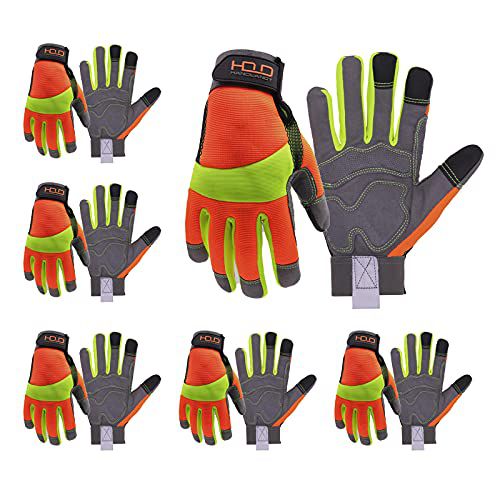 HANDLANDY Hi-vis Reflective Work Gloves, Anti Vibration Safety Gloves, Touch Screen, Orange Flexible Spandex Back Medium (Pack of 6) 6 Pairs Hi-vis Yellow