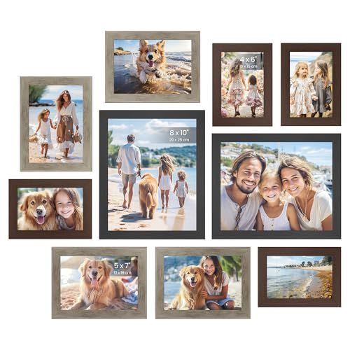 SONGMICS Picture Frames, Collage Picture Frames Set of 10, Two 8x10, Four 5x7, Four 4x6, Photo Frame for Wall Gallery Decor, Table Display, Glass, Maroon Brown, Heather Greige, Ash Black URP