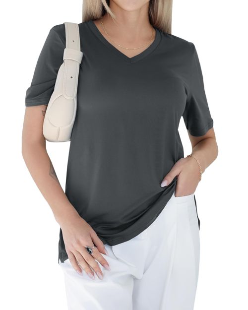 GAYHAY Womens V Neck T Shirts Oversized Loose Fit Short Sleeve Tops Casual Summer Vacation 2025 Grey Medium