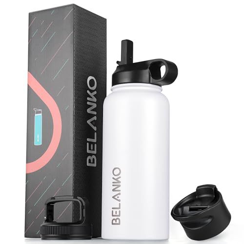 BELANKO Water Bottle, 32 Oz Insulated Stainless Steel Water Bottle with Straw and 3 Lids, Leak-Proof Double-Wall Vacuum for Cold Water Drinks, Sports, Travel, School, and Car - Polar White P