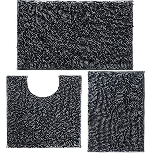 Bathroom Rugs Set Non Slip 3 Piece Bath Mat Washable Chenille Bath Rugs with PVC Backing Bath Carpet,Absorbent Bathroom Mats with Toilet Rug,Bath Mats for Bathroom,Bedroom, Kitchen,Tub,Home 