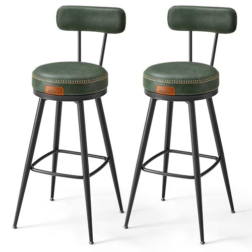 VASAGLE EKHO Collection - Bar Stools Set of 2, Swivel Bar Height Bar Stools with Back, Synthetic Leather with Stitching, Mid-Century Modern, 30-Inch Tall Barstools for Kitchen Home Bar, Fore