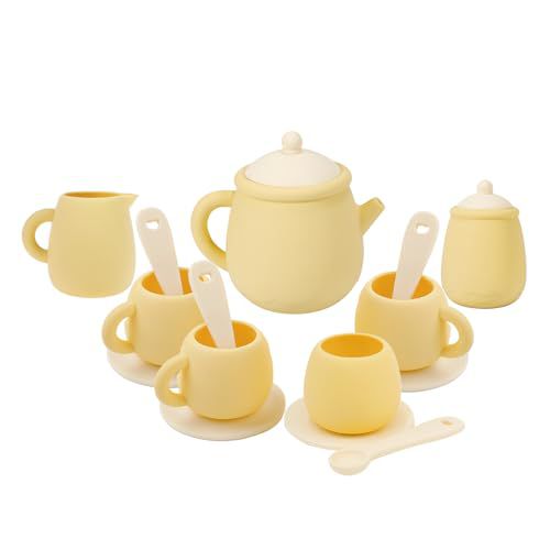 MCGMITT Toy Tea Set, Silicone Tea Party Set for Little Girls Boys, 15 Pcs BPA Free Dishwasher Safe Pretend Tea Set for Toddlers Kids Age 3-6, Non Breakable Cute Toy Kitchen Accessories for C