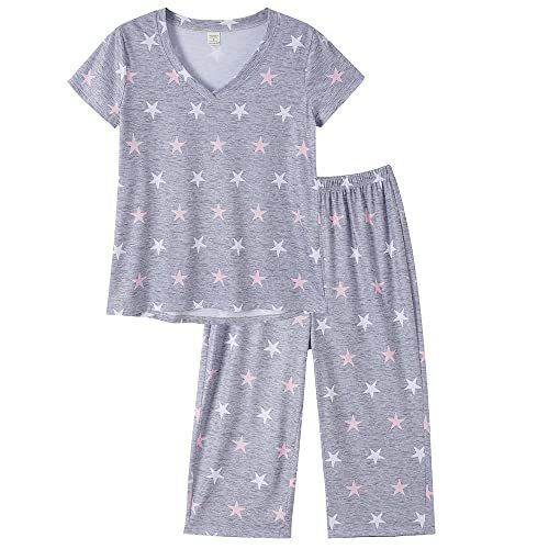 YIJIU Women's Short Sleeve Tops and Capri Pants Cute Cartoon Print Pajama Sets Small Grey Star