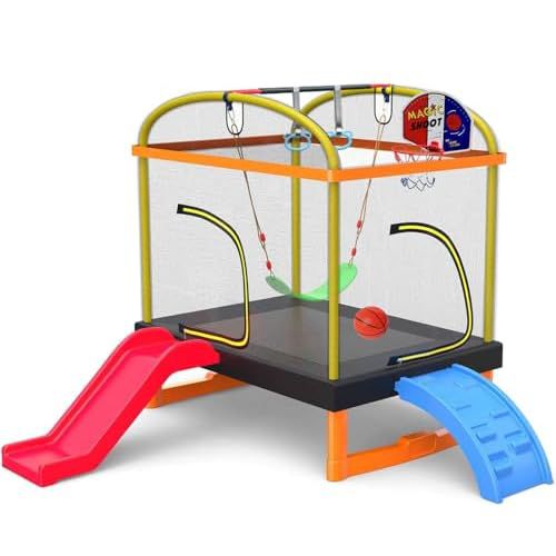 LANGXUN 6.5Ft 7-in-1 Rectangle Trampoline for Kids, with Climb, Slide, Swing, Basketball Hoop, Multi-Functional Indoor Outdoor Baby Toddler Mini Trampoline for Girls and Boys Birthday Gift, 