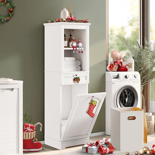 YITAHOME 53" Tall Tilt Out Laundry Hamper Cabinet, Hidden Laundry Hamper with Storage Laundry Basket with Drawer Bathroom Storage Cabinet Shelf with a Clothes Basket, White