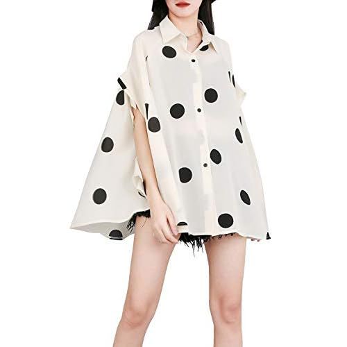 ellazhu Women's Batwing Sleeve Polka Dot Printed Button Down Blouse Oversized Shirt Top for Summer GY1903 One Size White