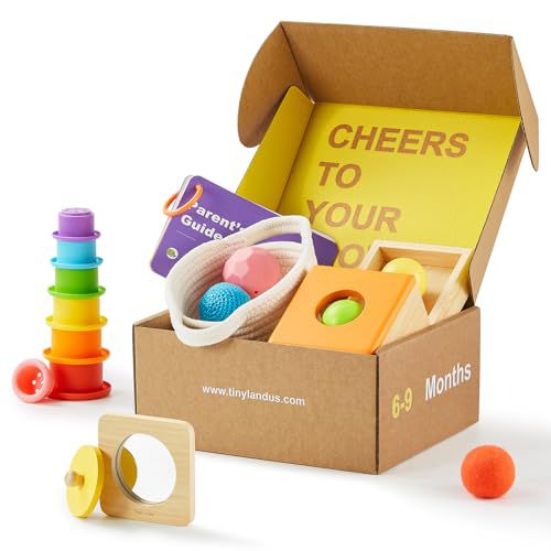 Tiny Land Montessori Toy Set for Babies 7-9 Months Senser Play Kit - 5-in-1 Wooden Learning Toys with Object Permanence Box, Sensory Ball, Stacking Cups and Mirror Puzzle,Body Board Book 7-9