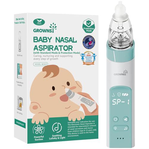 GROWNSY Nasal Aspirator for Baby with Protection Mode, Electric Nose Suction for Baby, Automatic Baby Nose Sucker with 3 Silicone Tips, Adjustable Suction Level, Music and Light Soothing Fun