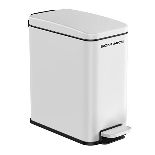 SONGMICS Bathroom Trash Can, 2.6 Gallon (10 L) Small Trash Bin with Lid, Slim for Small Spaces, Stainless Steel Garbage Can, Soft Close, White ULTB561W10 White 2.6 Gal.