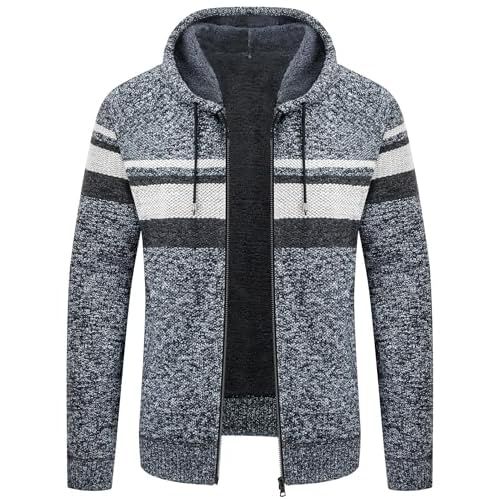 V VALANCH Mens Fleece Jacket Full Zip Hoodies Sherpa Lined Hooded Jacket Thick Knitted Cardigan Sweaters Outerwear X-Large Dark Grey