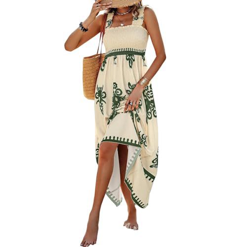 FQFGGYD Summer Dresses for Women Floral Printed Midi Dress Casual Beach Sundress Sleeveless Boho Dress Wedding Guest Dresses Army Green