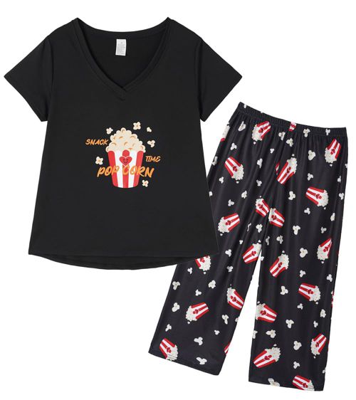 YIJIU Women's Short Sleeve Tops and Capri Pants Cute Cartoon Print Pajama Sets Large Popcorn