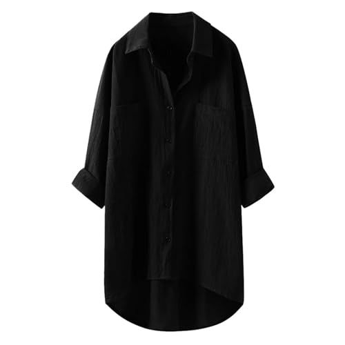 FQFGGYD Women's Dressy Blouse Linen Shirt Casual Buisness Work Tunic Top Solid Color Long Sleeve Lapel Comfy Cotton Cardigan Black