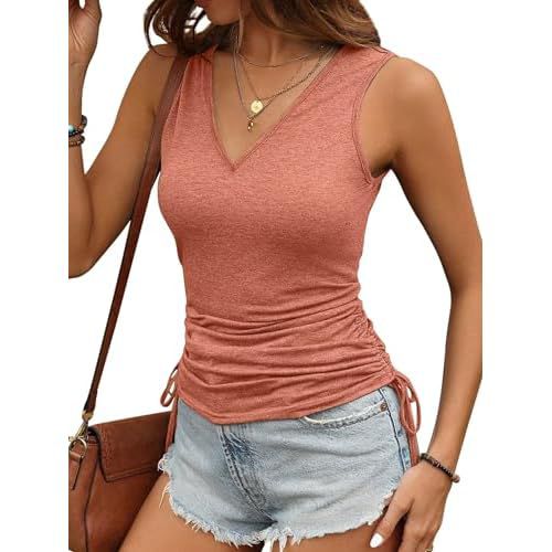 Women's Summer V Neck Vest Top, Drawstring Hem and Pleats, Perfect Casual Sleeveless Tank Top for Traveling Apricot X-Large