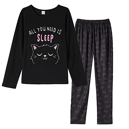 VENTELAN Women Pajamas Cute Christmas Bear Sleepwear Long Sleeve Stripes Loungewear Black Cat 3X-Large