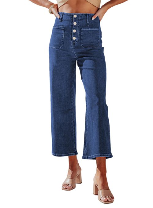 Sidefeel Women's Wide Leg Jeans High Waisted Stretchy Straight Leg Jeans Buttoned Loose Denim Pants with Pocket 6 Sail Blue