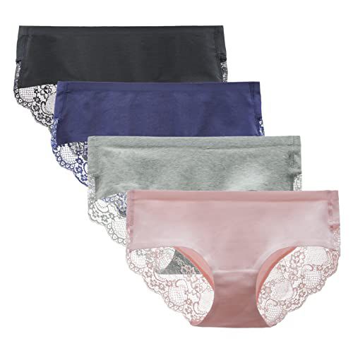 Women's 4 Pack Cotton Lace Coverage Seamless Brief Panty Underwear Medium Assorted