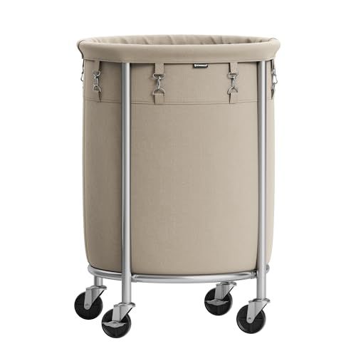 SONGMICS Laundry Basket with Casters, Rolling Laundry Hamper, 29 Gal., Round Laundry Cart with Steel Frame and Removable Bag, 4 Casters and 2 Brakes, Camel Brown and Metallic Silver URLS002N