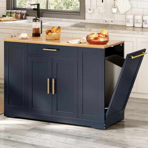 YITAHOME 53 inch Large Rolling Kitchen Island with Trash Can Storage Cabinet, Portable Mobile Islands Table Long Floating Movable w Wheels Cabinet for 13 Gallon Garbage Bin 2 Drawer, Grey
