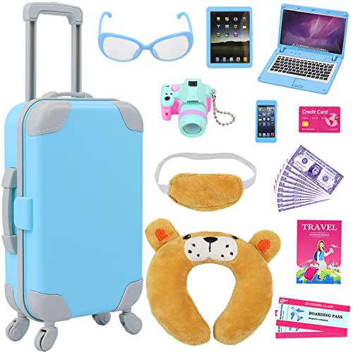 ZITA ELEMENT 22 Pcs 18 Inch Boy Doll Clothes Suitcase Set for 19 Inch Boy Doll Accessories Travel Carrier Storage, Including Suitcase Pillow Blindfold Sunglasses Camera Computer