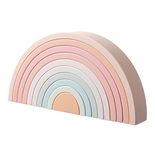 MCGMITT Rainbow Stacking Toy, Silicone Rainbow Stacker for Toddlers, Montessori Nesting Blocks, Building Creative Color Shape Matching Toy Set, 10 Layers Pink