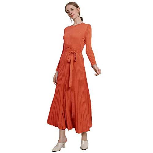 RanRui Womens Winter Fall Pleated Knitted Fit and Flare Long Sleeve Sweater Dress 6-8 A-orange