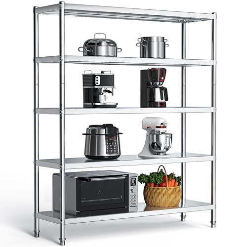 YITAHOME NSF Stainless Steel Shelves, 60"*18"*72" 5 Tier Storage Shelf, Heavy Duty Shelving for Kitchen Garage Office Restaurant Warehouse, 201 Bright Silver