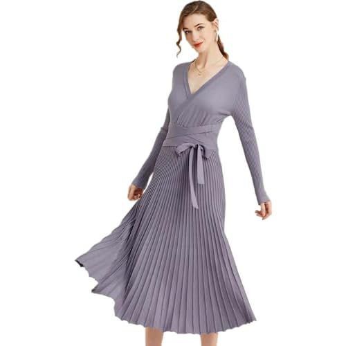 RanRui Womens Winter Fall Pleated Knitted Fit and Flare Long Sleeve Sweater Dress 6-8 B-grey