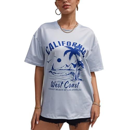 YIJIU Women's Graphic Oversized T Shirts Letter Print Short Sleeve Loose Casual Summer Tops Small Grey