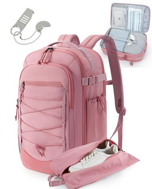 BAGSMART Carry On Travel Backpack, 17.3 Inch Large Travel backpack Carry On Flight Approved, Personal Item Backpack Travel Bag With Shoe Bag, 30L Water Resistant Casual Daypack, Pink