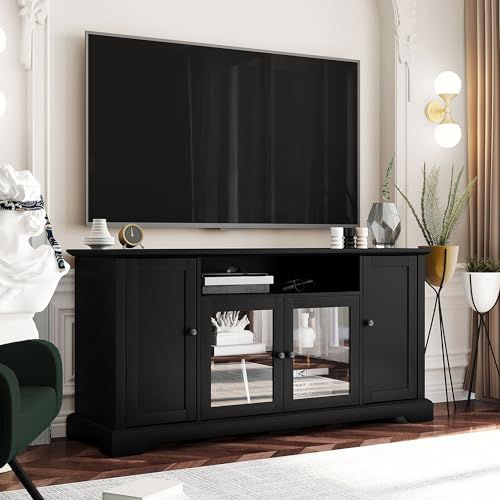 TV Stand for 65" TV: Tall Classic Wood TV Console | Spacious Media Entertainment Center Storage Cabinet with Glass Doors and Adjustable Shelves for Living Room - Black 60 Inches Black