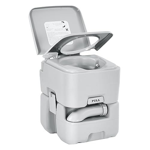 YITAHOME 5.3 Gallon Portable Travel Toilet RV Potty Upgrade Double Outlet Water Spout Handle Flush Pump Detachable Water Tank with Drag Wheel for Camping Boating Hiking Trips Double Watwer O