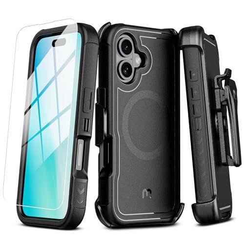 M MYBAT PRO Maverick Series iPhone 16 Plus 6.7 Case with Belt Clip Holster,[Compatible with Magsafe] w/Screen Protector,Anti-Drop,Shockproof,with 360°Rotating Kickstand,Heavy Duty Protection