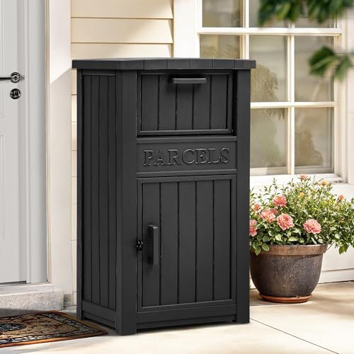 YITAHOME Anti-Theft Package Delivery Box for Outside w/Lockable Security System, Outdoor Waterproof Parcel Drop Storage Boxes Resin Drop Box for Porch House Curbside, Black Black 24 Gallon
