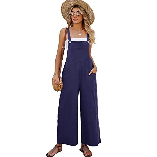 Eisctnd Overalls Women Sleeveless Baggy Jumpsuit for Women Comfortable Casual Wide Leg Rompers with Pockets Navygreen Medium