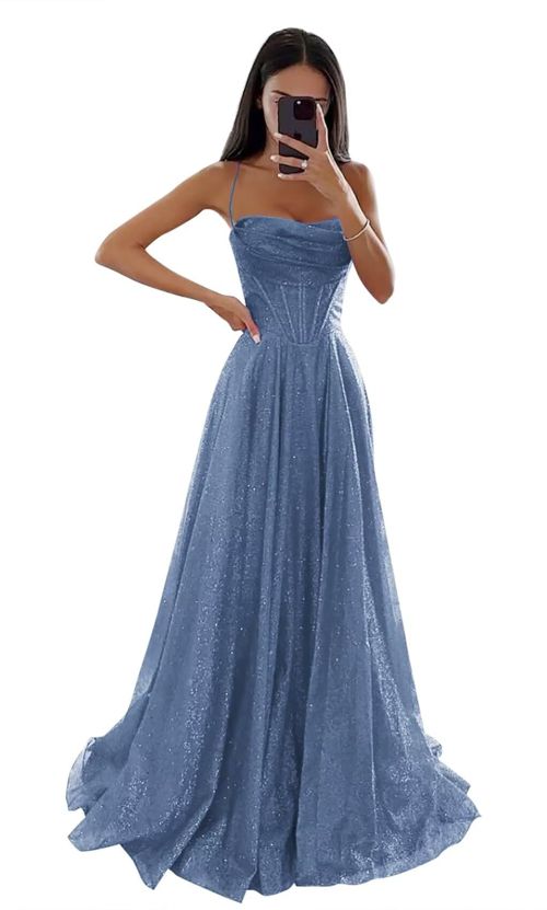 Sparkly Sequin Tulle Prom Dresses for Women with Slit Cowl Neck Corset Formal Evening Gown with Pockets Dusty Blue 0