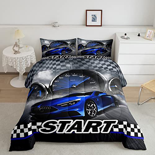 Erosebridal Race Car Comforter Sets for Boys Kids Cool Sports Car Bedding King Girls Man Extreme Sports Duvet Comforter Blue Racing Car Print Quilts B