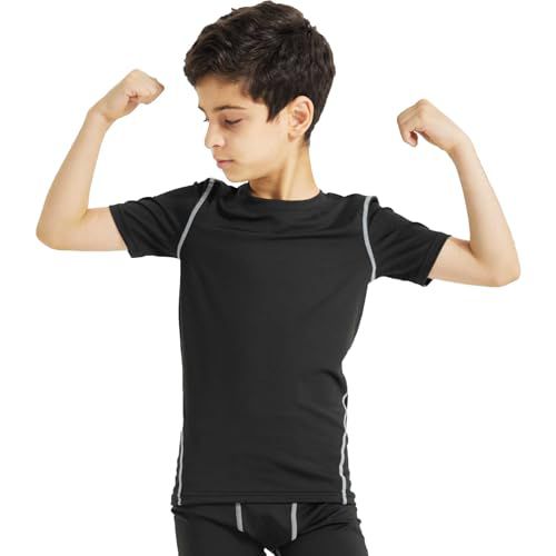 Youth Boys Compression Shirt Short Sleeve Football Undershirt for Kid Quick Dry Athletic Baseball T-Shirt Base Layer Small Black