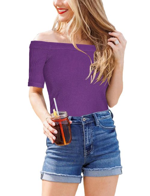 Topstype Off Shoulder Tops for Women Short Sleeve Summer Slim Fit Ribbed T Shirts Fitted Going Out XX-Large Purple