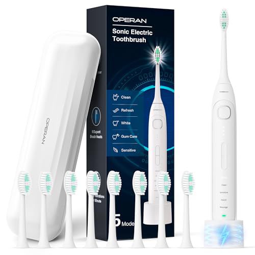 Operan Electric Toothbrush for Adults and Kids Rechargeable Sonic Toothbrush with 5 Modes 2-Min Smart Timer IPX7 Waterproof 40,000 VPM Motor with 8 Brush Heads & Travel Case (White, 1Pack)